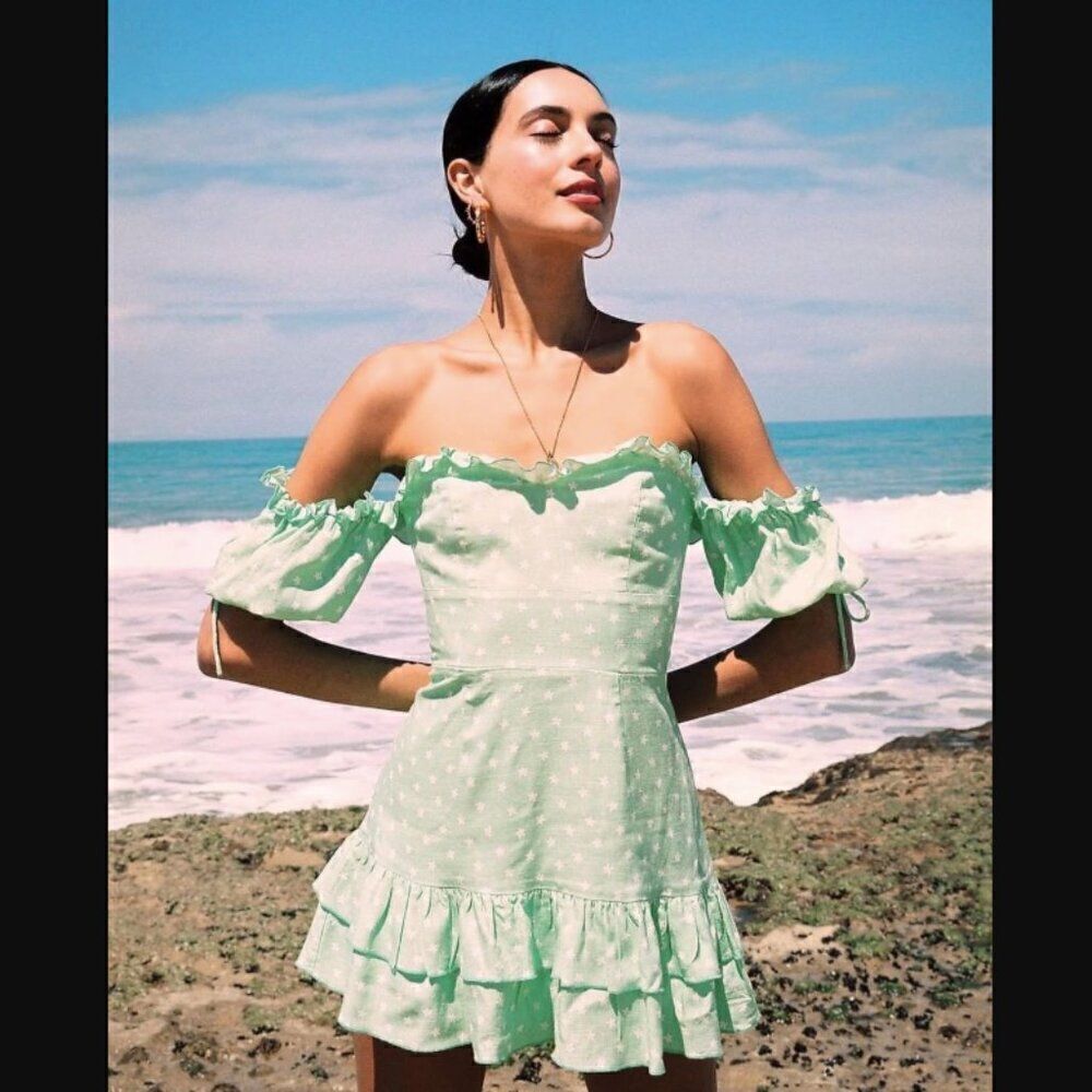 Finders Keepers Off Shoulder Ruffle Wildflower Mini Dress in Mint Ditsy Size XS